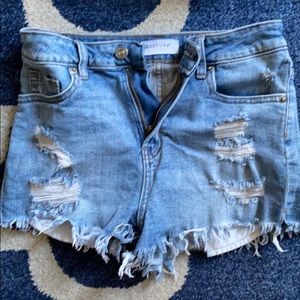 High waisted cut off light denim shorts